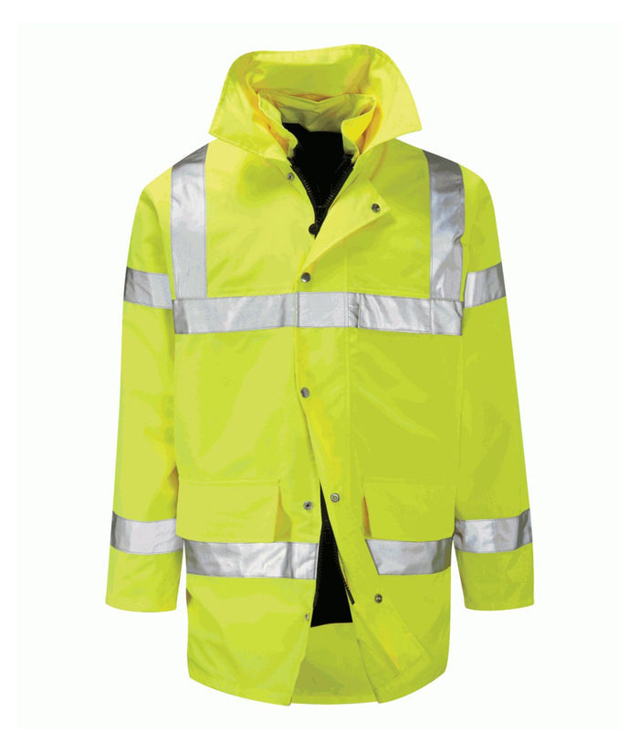 Bedivere 4-in-1 Hi-Vis jacket yellow navy with sewn reflective tape concealed hood reversible insulated liner and zip map pocket