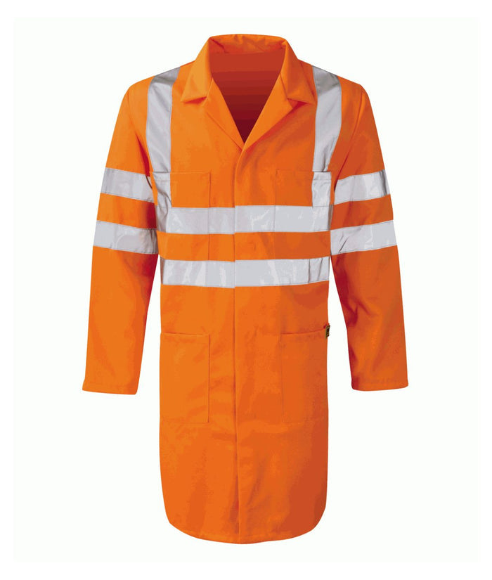 Beta Hi Vis Warehouse Long Coat in fluorescent yellow with reflective tape concealed stud front 1 breast 2 hip pockets