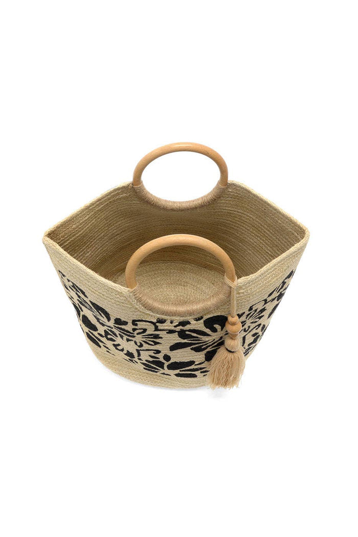 Black Painted Tropical Floral Lydia Wood Handle Jute Tote w/ Wood Bead Tassel
