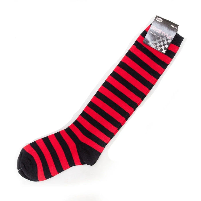 Brand New Womens Ladies Black Red Striped Knee High Socks Party Bright 2-8 - Pantsnsox