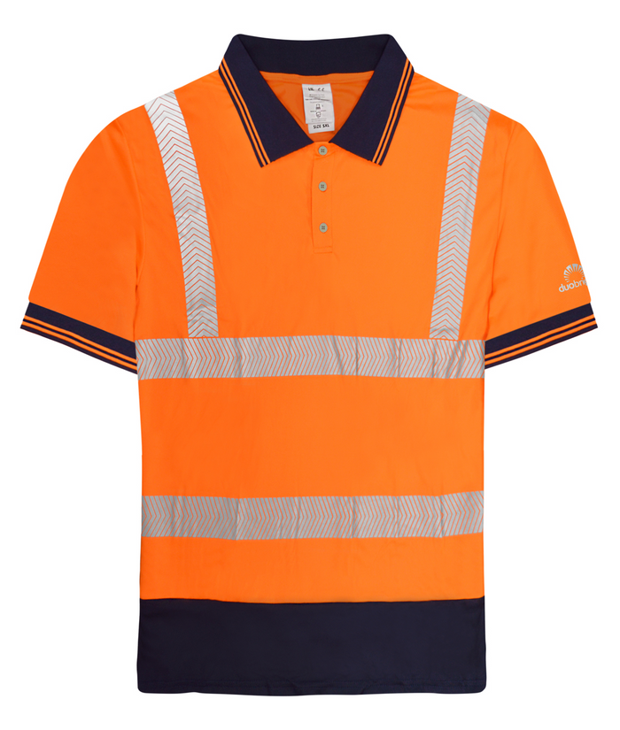 Cruiser Hi-Vis Two-Tone Polo with navy collar orange stripes chevron reflective tape two body bands UPF 40+