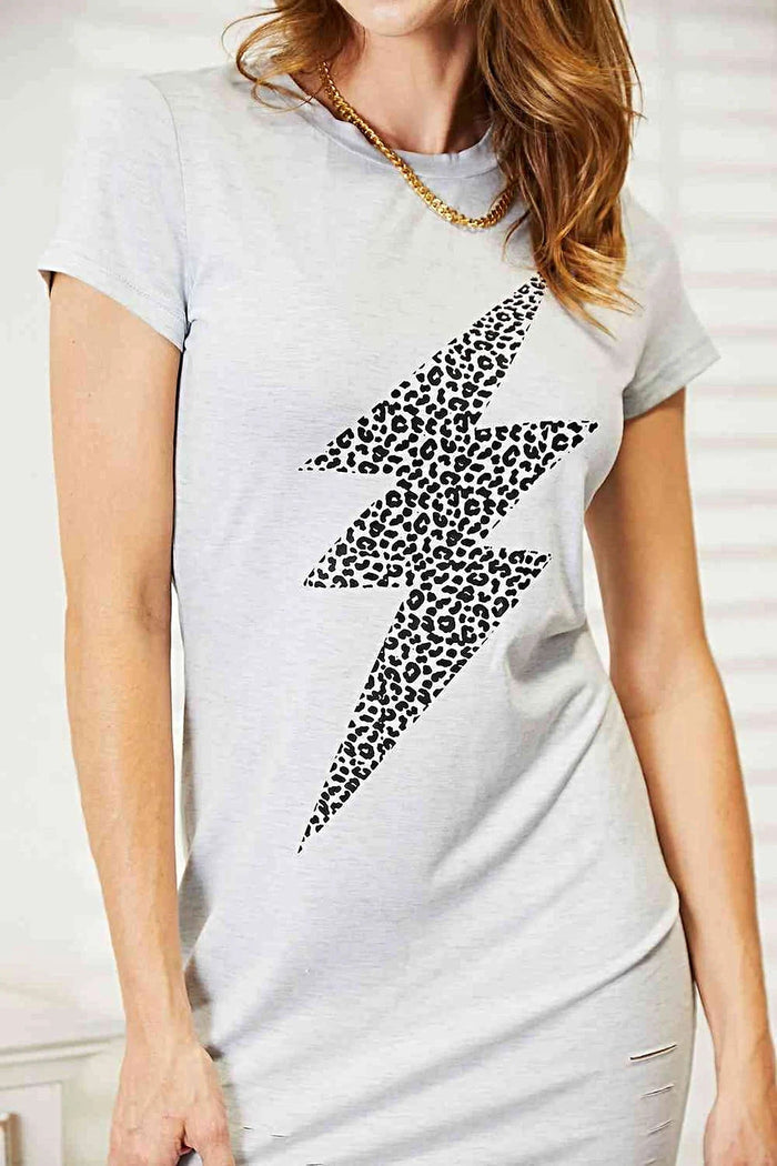 Edgy Graphic Dress: Double Take Leopard Lightning Mini Tee Dress with Short Sleeves Trendsi