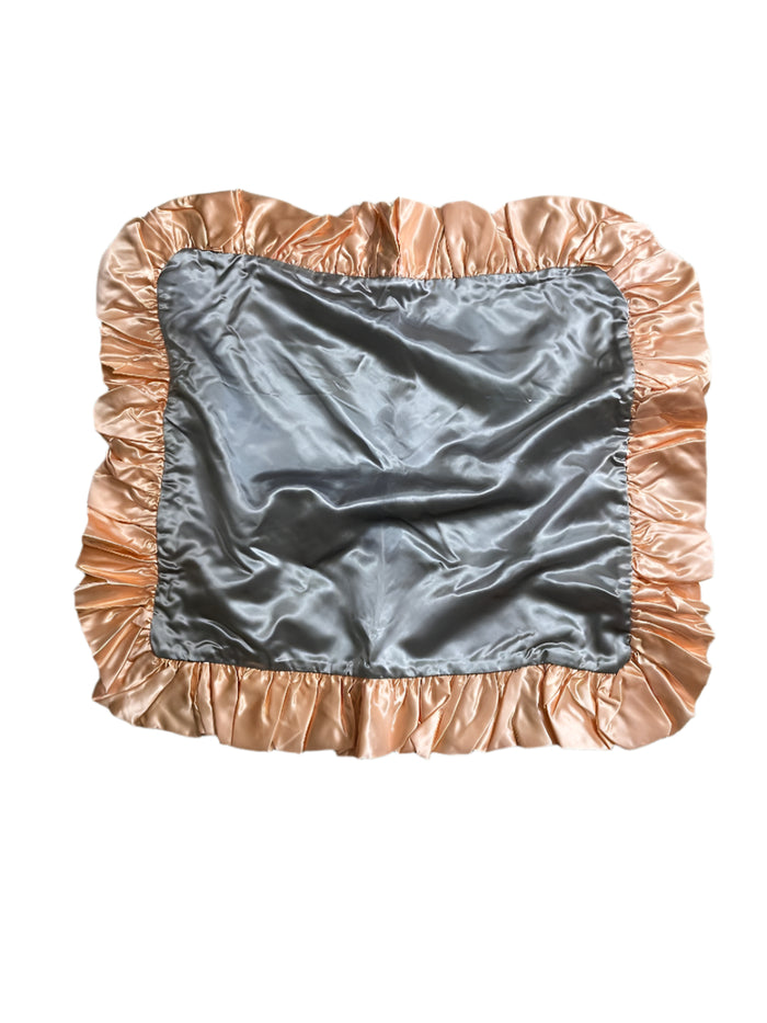 Elegant 20"X19" Bridal Satin Pillow Sham in Quick Silver with Peach Ruffle and Hidden Zipper, showcasing luxurious fabric and exquisite design, perfect for enhancing bridal decor.