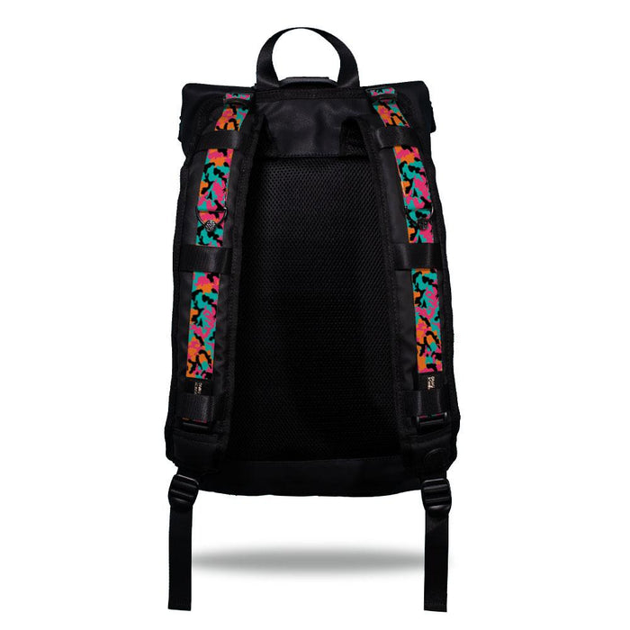 Product image show the back of an Imperial backpack with two should straps showing with interchangeable straps. The tension strap the item that is for sale on this page and is called Fearless and is a modern camouflage design that is blue, orange, pink and black