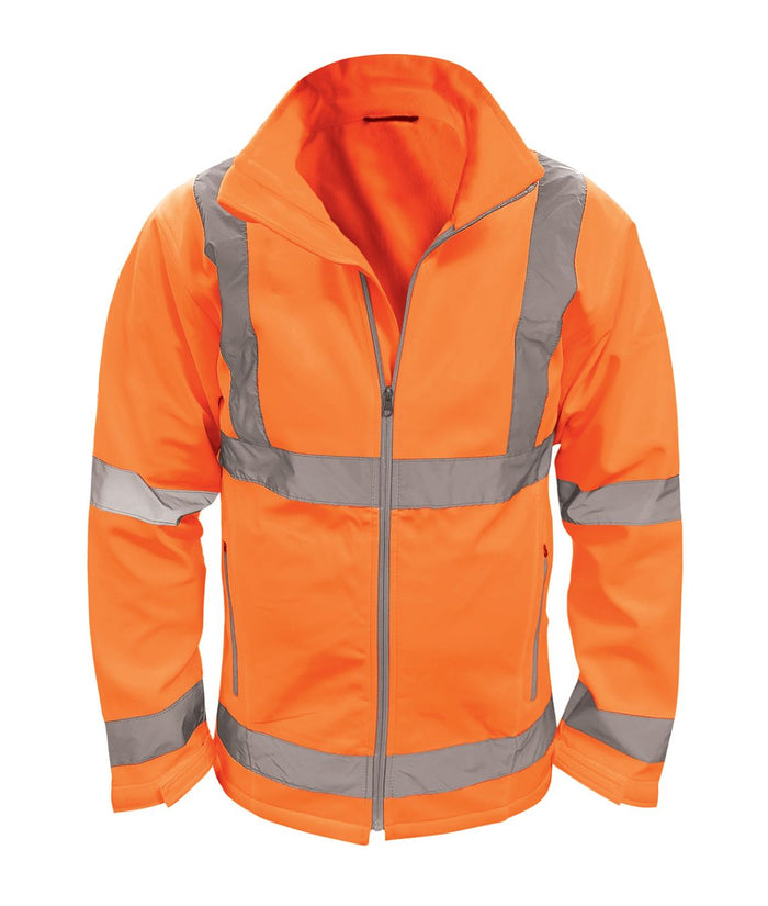Marquis Hi Vis Soft Shell Jacket orange with sewn-on reflective tape front zip inner storm flap adjustable cuffs