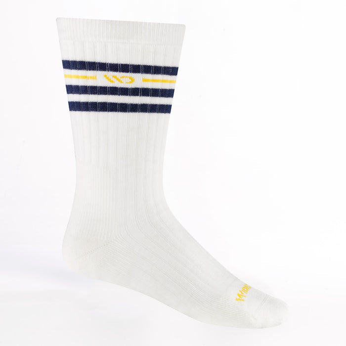9002 Vintage Stripe Crew Sock in Ink White featuring yellow logo on toe and calf with blue stripes on the calf
