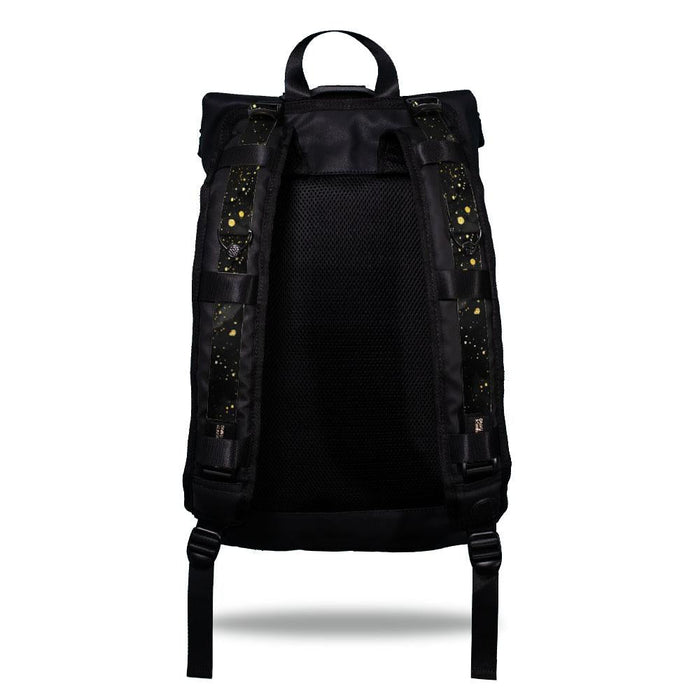 Product image show the back of an Imperial backpack with two should straps showing with interchangeable straps. The tension strap the item that is for sale on this page and is called Miadas and is mainly solid black and grey in the background with gold colored paint speckles on the front of the design