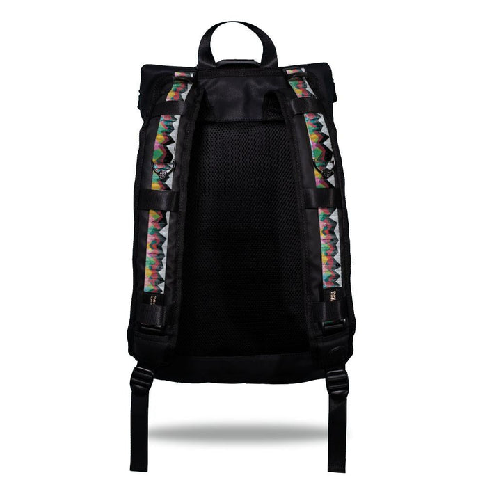 Product image show the back of an Imperial backpack with two should straps showing with interchangeable straps. The tension strap the item that is for sale on this page and is called Mountains To Molehills and is a geometric mountain range made of triangles with colors such as grey, red, orange, blue, green, and yellow