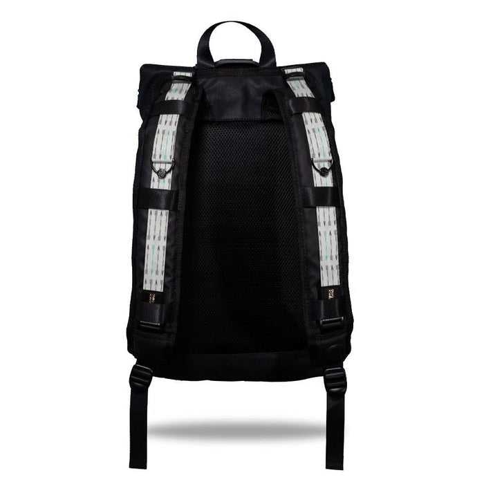 Product image show the back of an Imperial backpack with two should straps showing with interchangeable straps. The tension strap the item that is for sale on this page and is called Never Give Up and is a light grey, grey, geometric design with darker grey arrows with a green arrow every so often on the top of the design