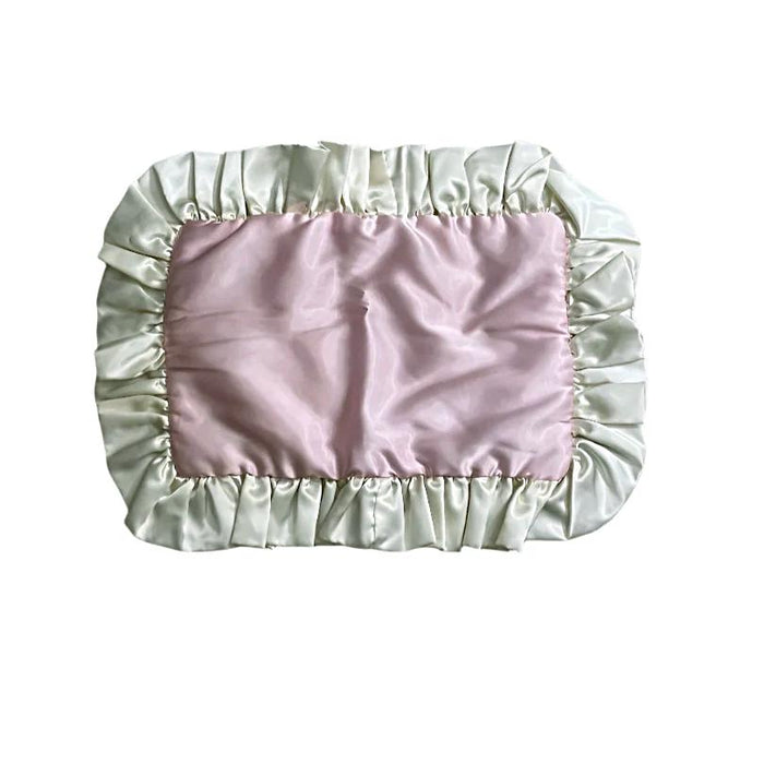 Luxury Petal Pink Pillow Sham - Exquisite lingerie satin mini pillow sham with vanilla pearls ruffle, measuring 14x9 inches, perfect for elegant bedding decor.