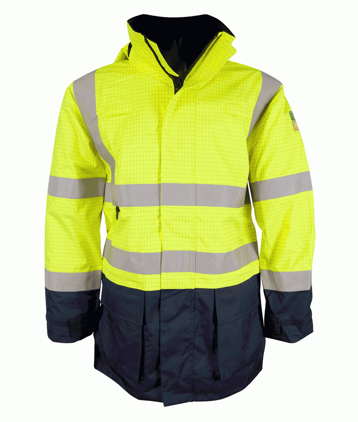 Rift Two-Tone Hi-Vis 3/4 jacket with detachable hood reflective tape bellows pockets adjustable cuffs waterproof flame retardant anti-static