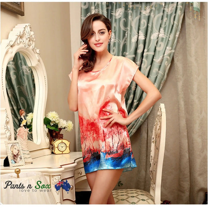 Womens Abstract Silk Feel Sleeveless Nightie Ladies Sleepwear Nightdress 6 8 10 - Pantsnsox
