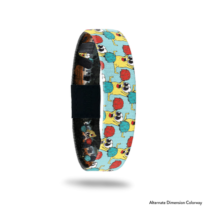 Product photo of the outside of 2021 - Day 1 - Rah Rah Ralph: light blue background with repeating yellow monsters with big eyes doing a split while holding up a red and turquoise pom pom