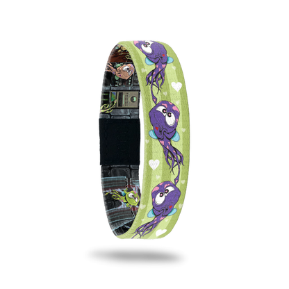 Product photo of the outside of 2021 - Day 10 - Leon Lovestruck: green background with two lighter shaded green stripes and repeating blue and white hearts and repeating purple monsters with pink hearts all over and one red heart and blue wings