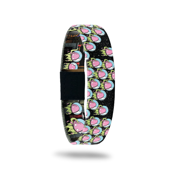 Product photo of the outside of 2021 - Day 11 - Aye Aye Probably: black background with repeating green and pink squid-like monsters with a blue fishbowl over it's head