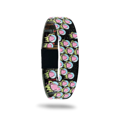 Product photo of the outside of 2021 - Day 11 - Aye Aye Probably: black background with repeating green and pink squid-like monsters with a blue fishbowl over it's head