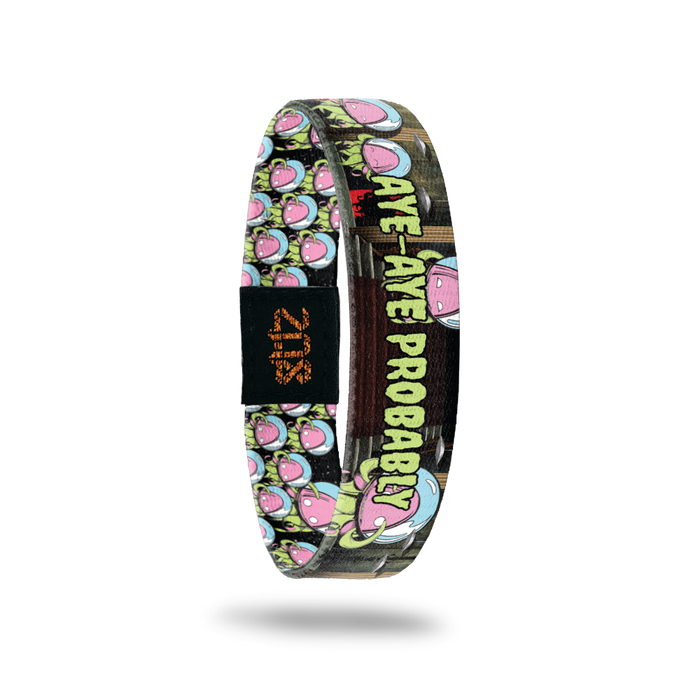 Product photo of the inside of 2021 - Day 11 - Aye Aye Probably: staircase background with repeating green and pink squid-like monster with a blue fishbowl over it's head and green 'AYE-AYE PROBABLY' text
