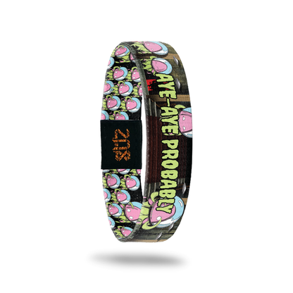 Product photo of the inside of 2021 - Day 11 - Aye Aye Probably: staircase background with repeating green and pink squid-like monster with a blue fishbowl over it's head and green 'AYE-AYE PROBABLY' text
