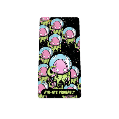 Product photo of the front of the collector’s of 2021 - Day 11 - Aye Aye Probably. It has a black background with repeating green and pink squid-like monsters with a blue fishbowl over it's head. Green 'AYE-AYE PROBABLY'' text.