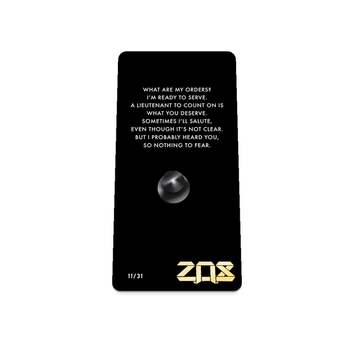Product photo of the back of the collector’s of 2021 - Day 11 - Aye Aye Probably. It is a black background with white text ‘What are my orders? I'm ready to serve. A Lieutenant to count on is what you deserve. Sometimes I'll salute, even though it's not clear. But I probably heard you, so nothing to fear.'