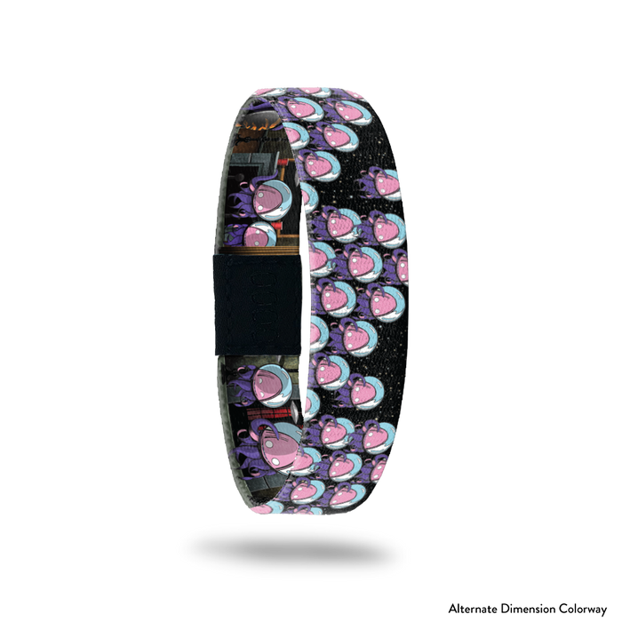 Product photo of the outside of 2021 - Day 11 - Aye Aye Probably: black background with repeating purple and pink squid-like monsters with a blue fishbowl over it's head