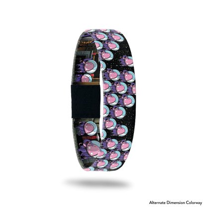 Product photo of the outside of 2021 - Day 11 - Aye Aye Probably: black background with repeating purple and pink squid-like monsters with a blue fishbowl over it's head