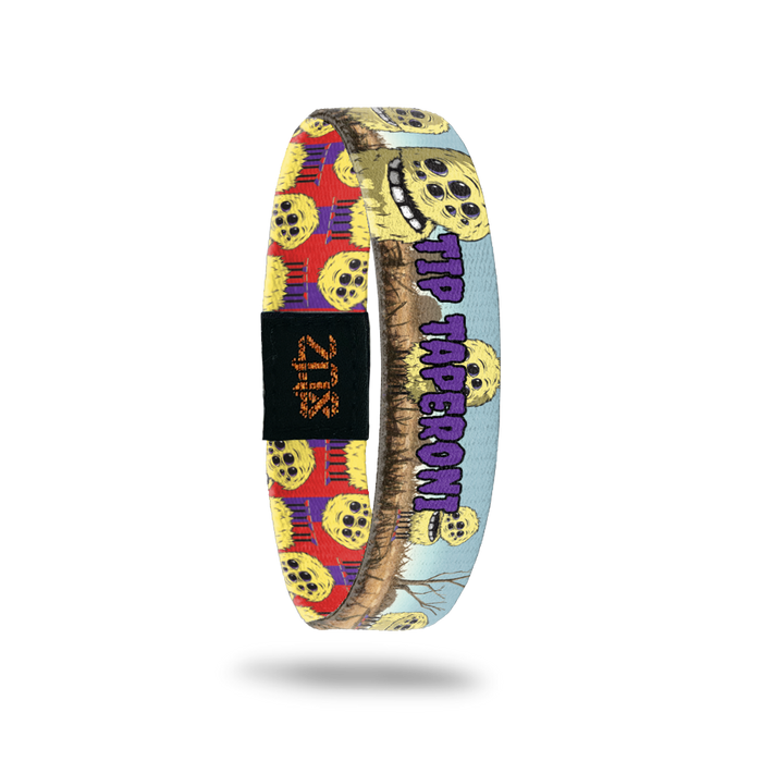 Product photo of the inside of 2021 - Day 12 - Tippi Taperoni: desert-like, blue sky background with repeating yellow, furry monsters with multiple eyes, teeth, and 6 legs with purple and red shoes. Purple 'TIP TAPERONI' text.