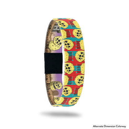 Product photo of the outside of 2021 - Day 12 - Tippi Taperoni: red and turquoise background with repeating yellow, furry monsters with multiple eyes and 6 legs with turquoise and red shoes