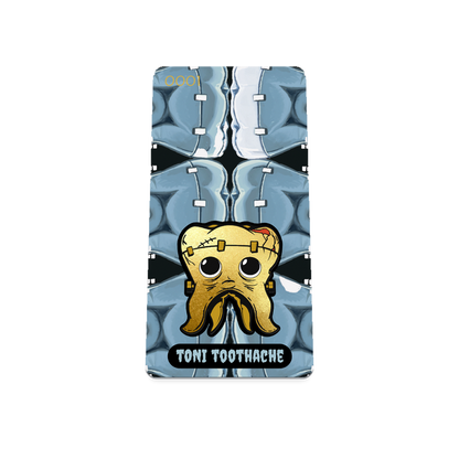 Product photo of the front of the collector’s of 2021 - Day 13 - Toni Toothache. It has a black background with repeating light blue x-ray teeth and one gold Frankenstein-like tooth with a pouting face. Light blue 'TONI TOOTHACHE' text.