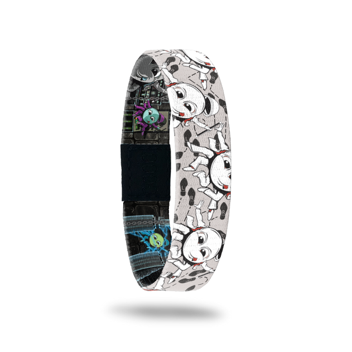 Bracelet is grey and white with an octopus looking monster with a top hat and cane. Inside is more colorful with black background of the same monster dancing. Comes with a pin of the Octo monster.