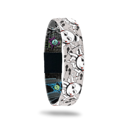 Bracelet is grey and white with an octopus looking monster with a top hat and cane. Inside is more colorful with black background of the same monster dancing. Comes with a pin of the Octo monster.