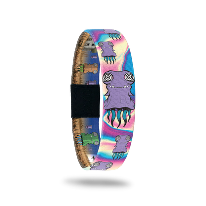 Bracelet is very colorful with blues, pinks and purples. A psychedelic design with a monster that has swirly eyes and tentacles. Comes with a matching monster pin.