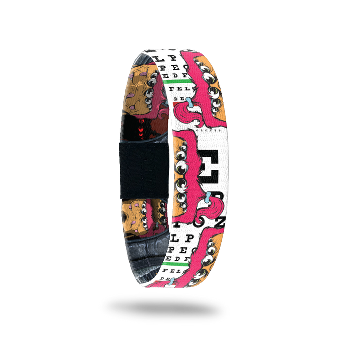 White and pink design like an eye doctor's reading chart. Has an orange monster with hot pink pigtails and 8 eyes. Comes with matching pin.