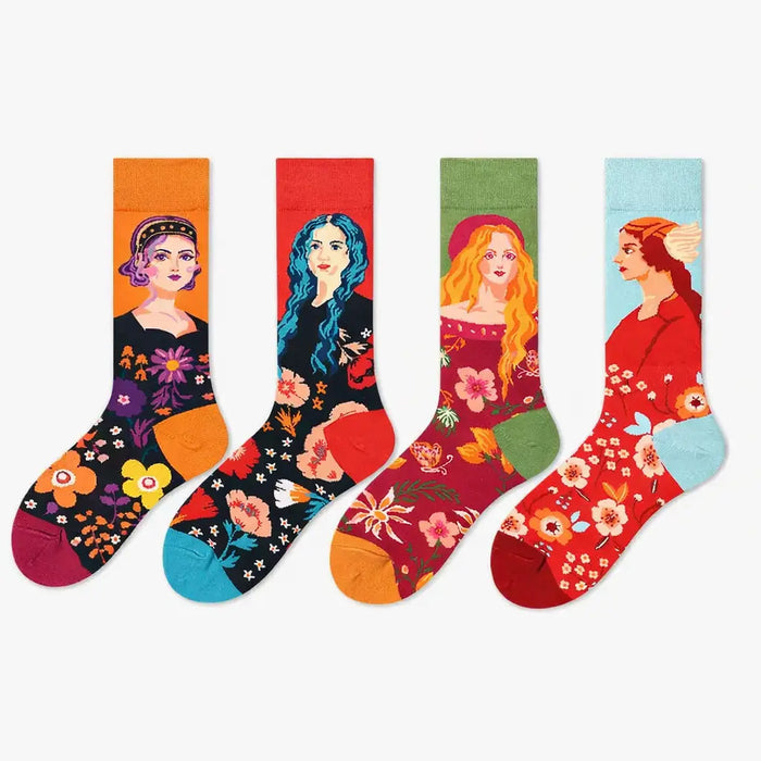 4 Pairs Abstract Portrait Crew Socks Unisex Novelty Artistic Pattern Socks for Women Pantsnsox