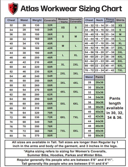 Atlas Workwear FR Size Chart