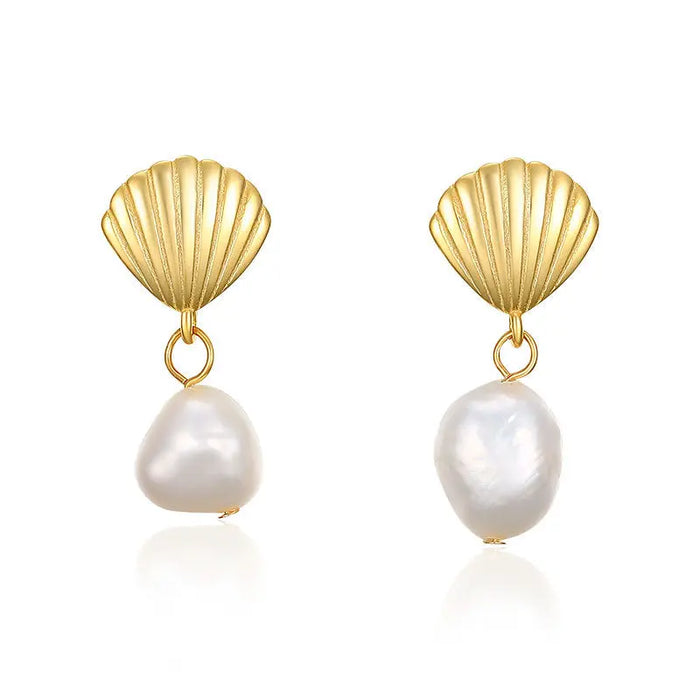 Elegant Shell Natural Pearl Drop Gold Plated Sterling Silver Earrings Crushes.