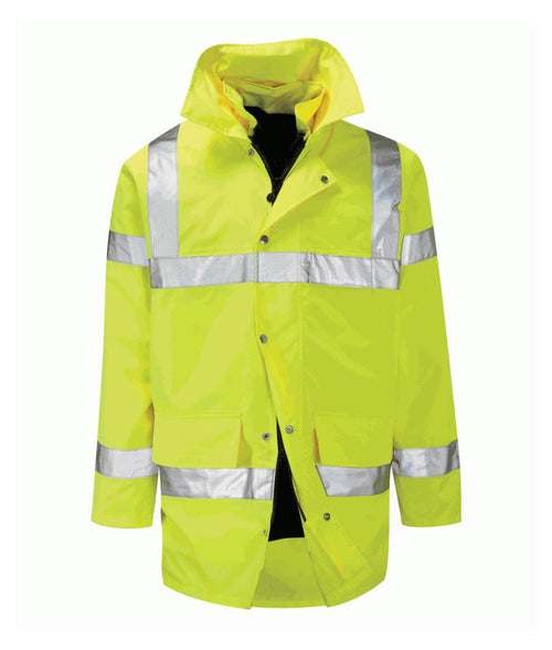 Bedivere 4-in-1 Hi-Vis jacket yellow navy with sewn reflective tape concealed hood reversible insulated liner and zip map pocket