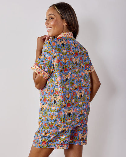 Back view of the Delphinium Blue Bee Tapestry short pajama set, showing the matching printed top and shorts.