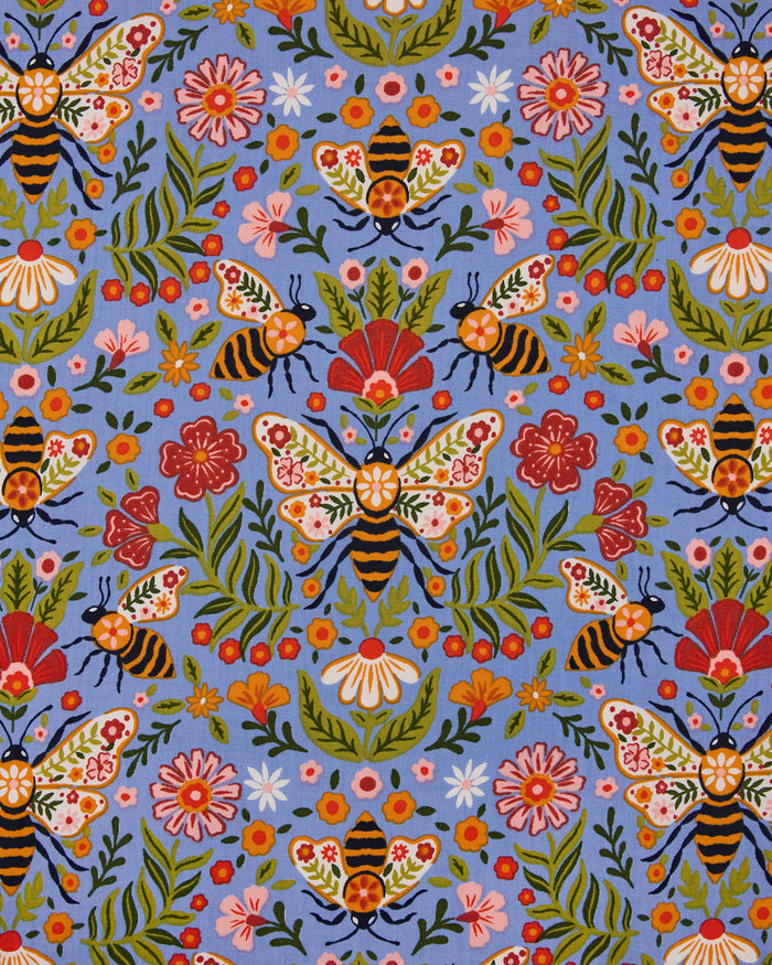 Close-up of the Delphinium Blue Bee Tapestry print, featuring illustrated bees, flowers, leaves, and tapestry-style wing patterns.