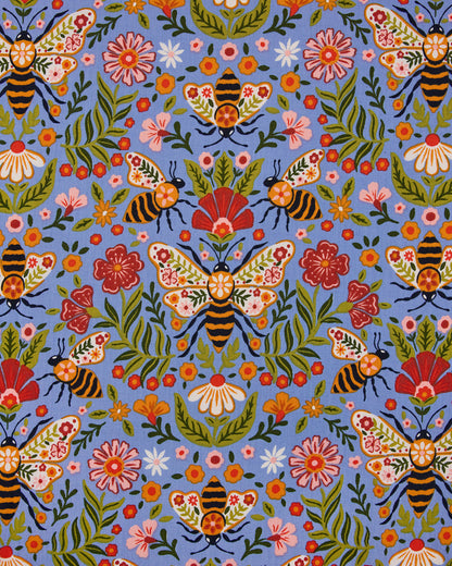 Close-up of the Delphinium Blue Bee Tapestry print, featuring illustrated bees, flowers, leaves, and tapestry-style wing patterns.