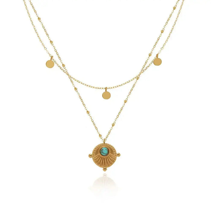 Bohemian Double Layer Necklace in 18K Gold Plated Titanium Steel with Artificial Turquoise Pendant Crushes.