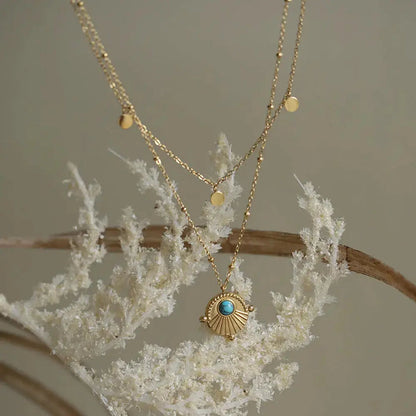 Bohemian Double Layer Necklace in 18K Gold Plated Titanium Steel with Artificial Turquoise Pendant Crushes.