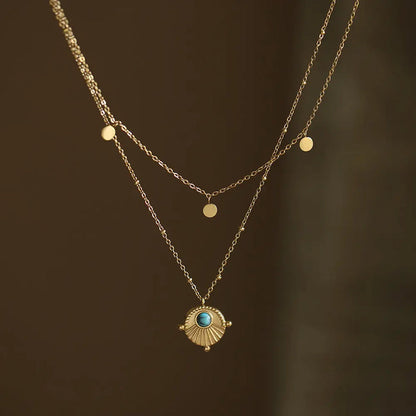 Bohemian Double Layer Necklace in 18K Gold Plated Titanium Steel with Artificial Turquoise Pendant Crushes.