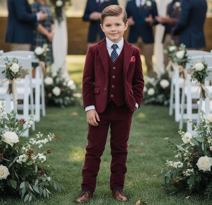 BOYS BARCLAY SUIT BURGUNDY VELVET 3PC SET