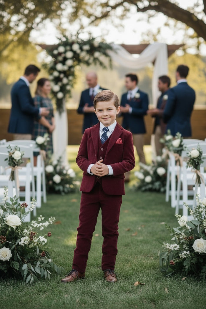 BOYS BARCLAY SUIT BURGUNDY VELVET 3PC SET