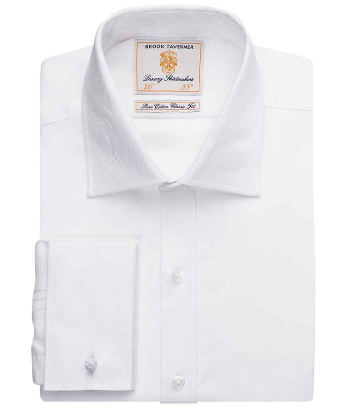 Brook Taverner Andora Long Sleeve Herringbone Shirt | White Herringbone - Eg Clothing UK