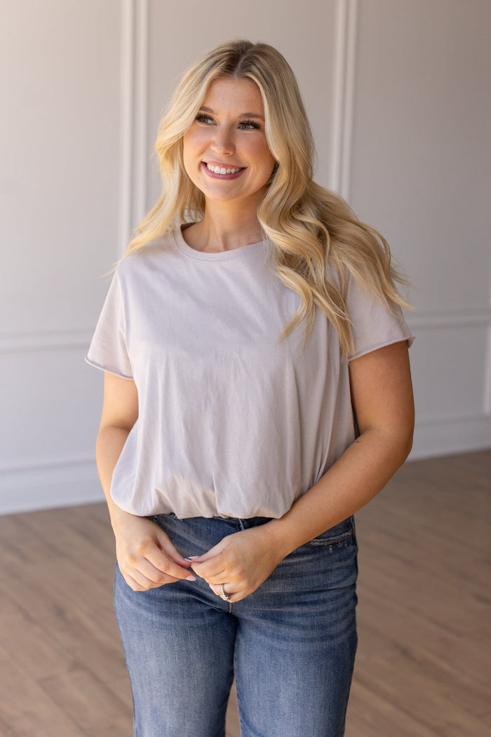 Bubble Hem Crew Neck Top - Taupe