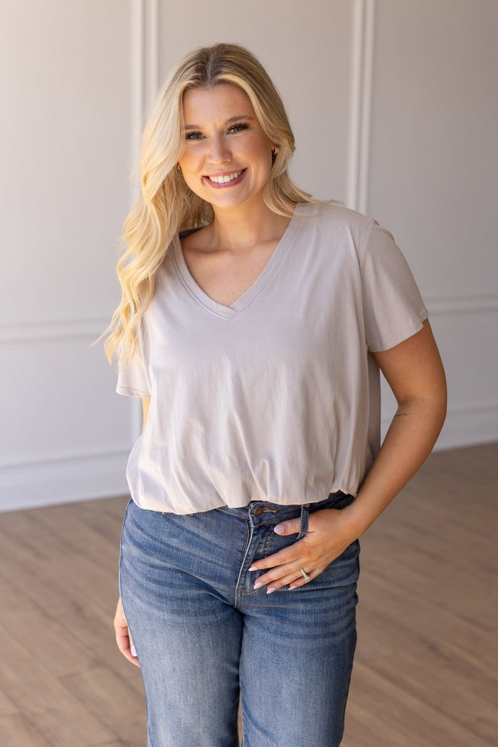 Bubble Hem V-Neck Top - Taupe