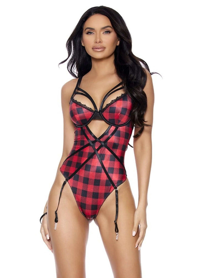 Buffalo Plaid Teddiette with Strappy Front, Underwire Cups & Adjustable Sizes S-3X Elegant Moments