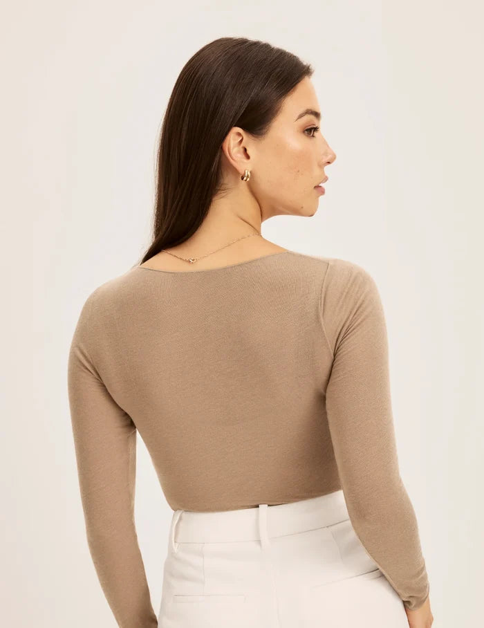 | Back view of model wearing the Cashmere Mist Scoop Top highlighting the neckline and fit | Cashew